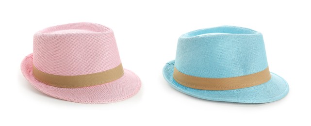 Image of Stylish hats in different colors isolated on white. Fashionable accessory