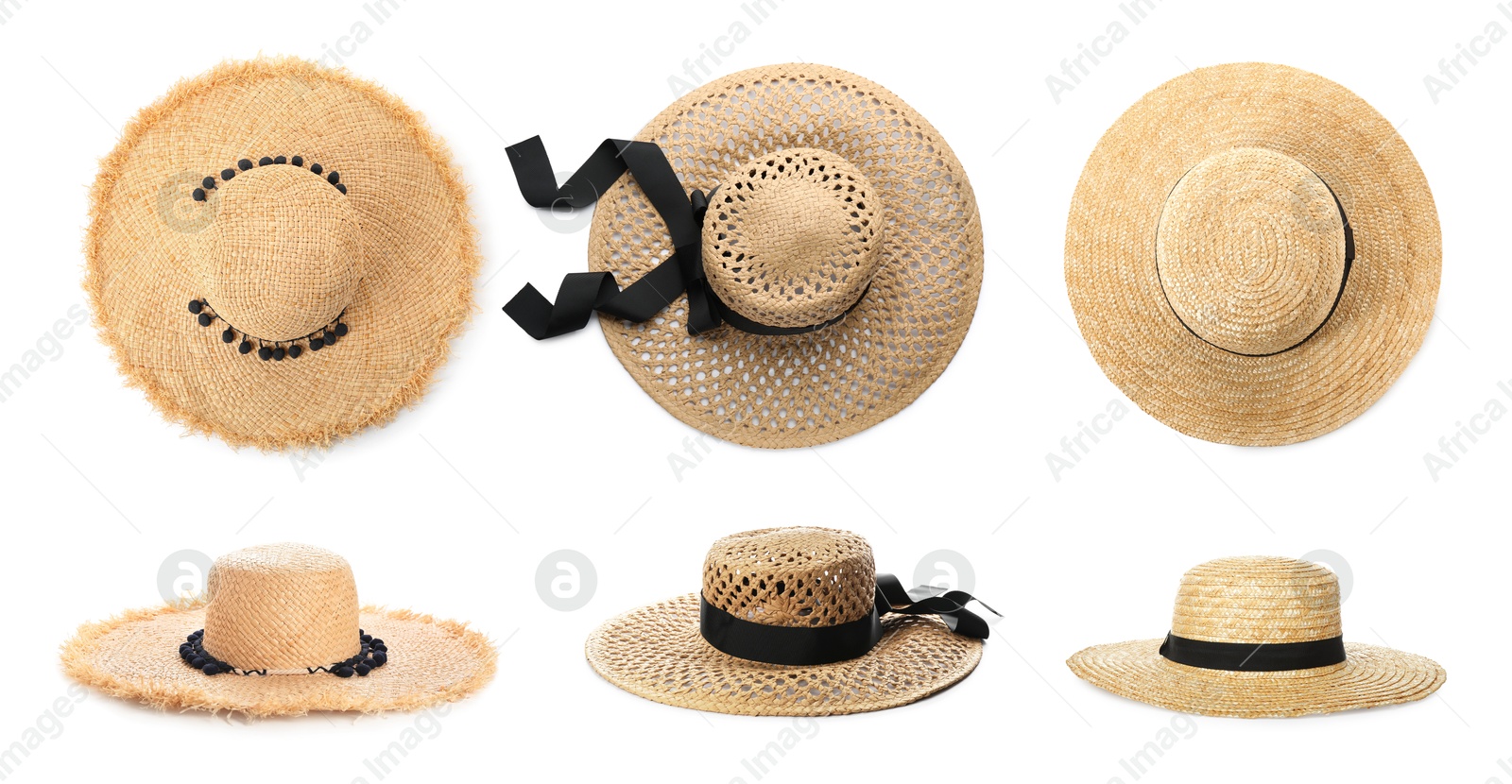 Image of Different stylish straw hats isolated on white, top and side views. Fashionable accessory