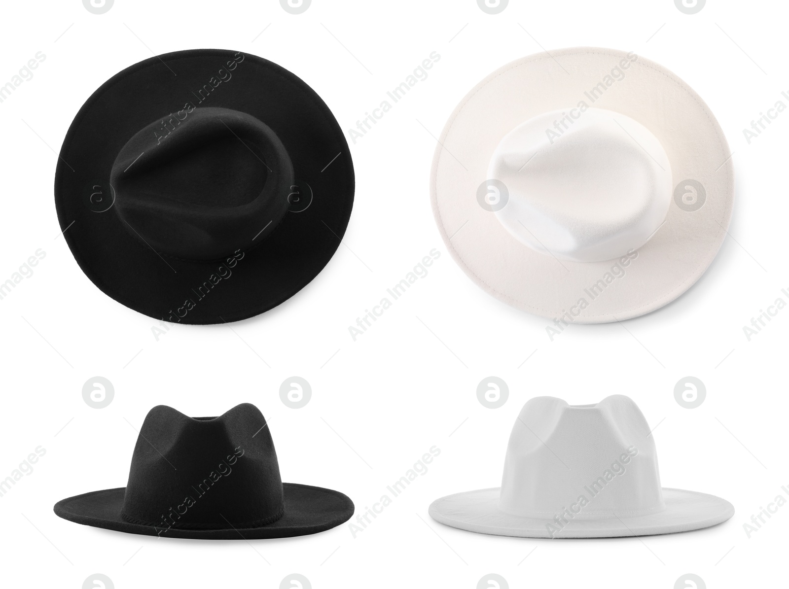 Image of Stylish hats in different colors isolated on white, top and side views. Fashionable accessory