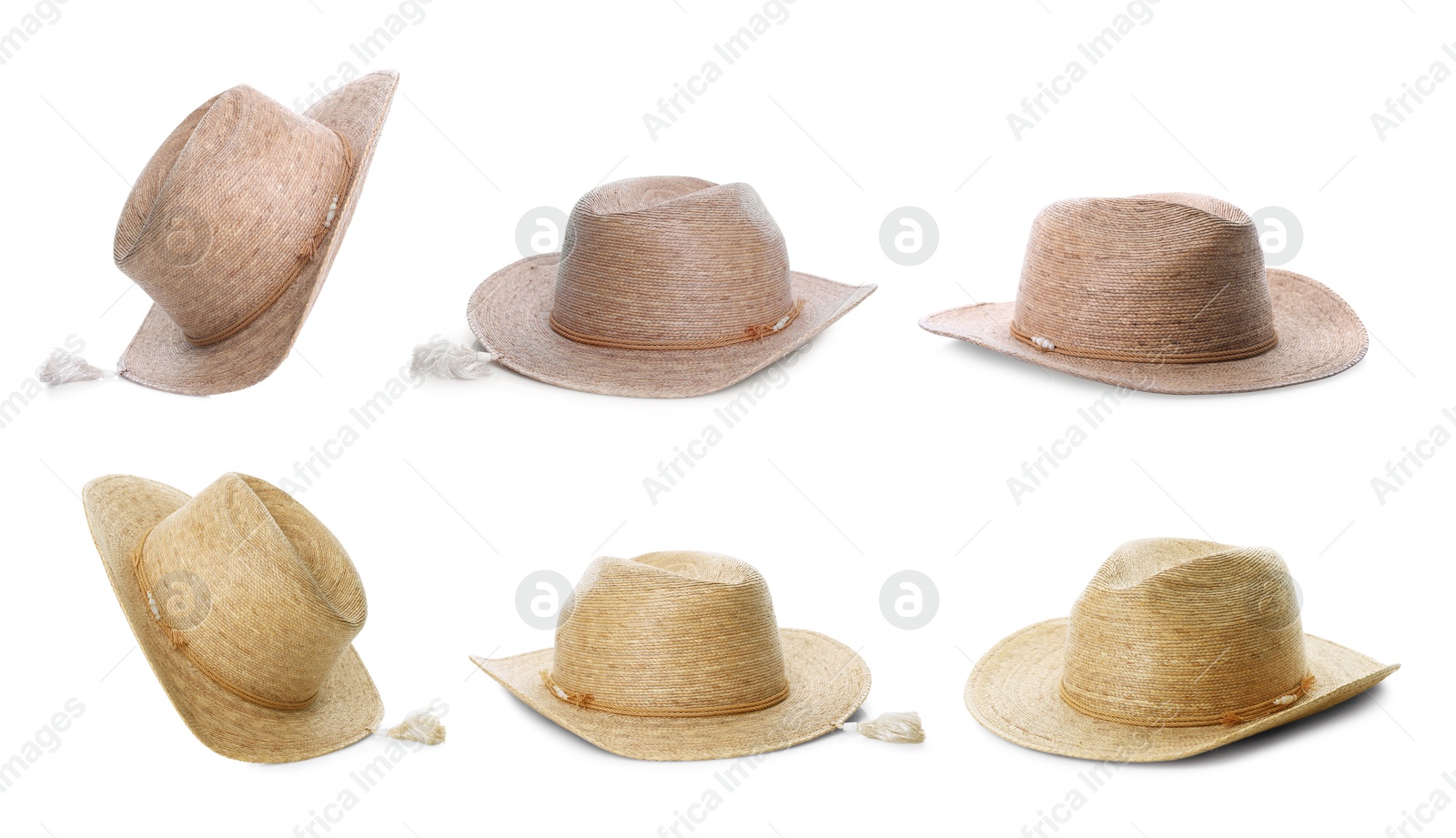 Image of Different stylish straw hats isolated on white, collage. Fashionable accessory