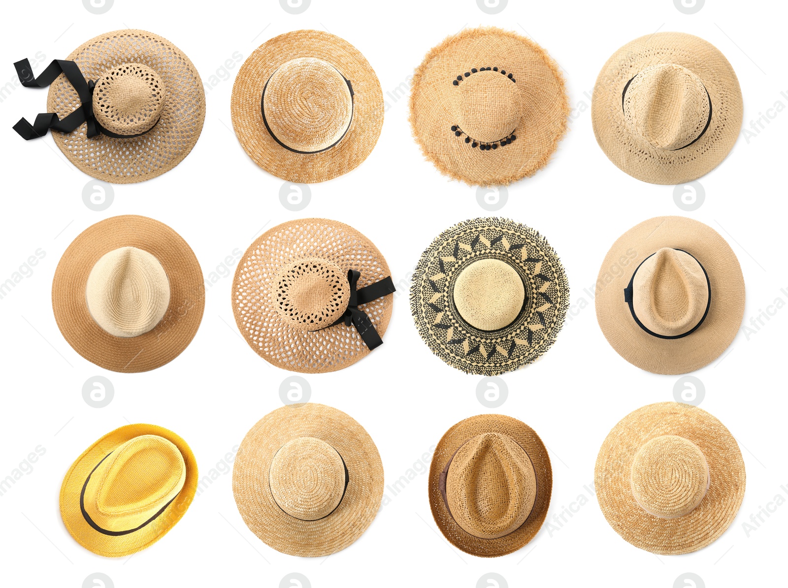 Image of Different stylish straw hats isolated on white, top view. Fashionable accessory