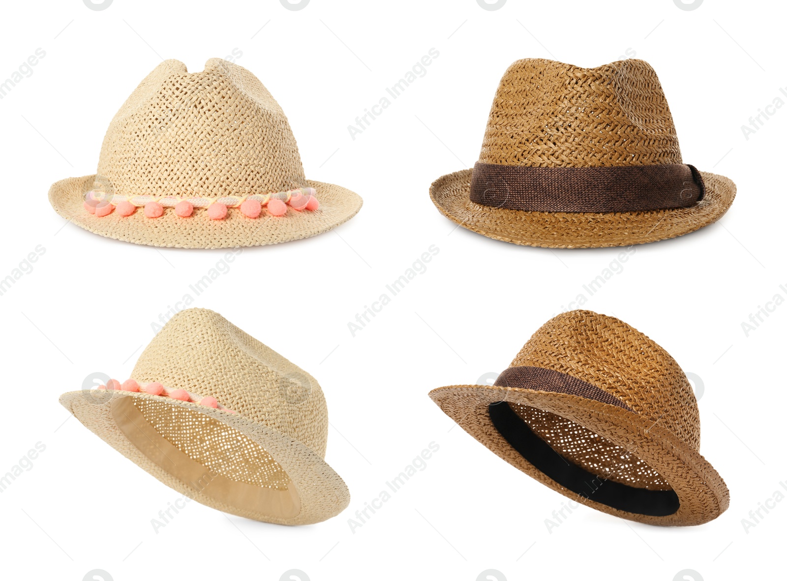 Image of Different stylish straw hats isolated on white, collage. Fashionable accessory