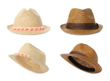 Image of Different stylish straw hats isolated on white, collage. Fashionable accessory