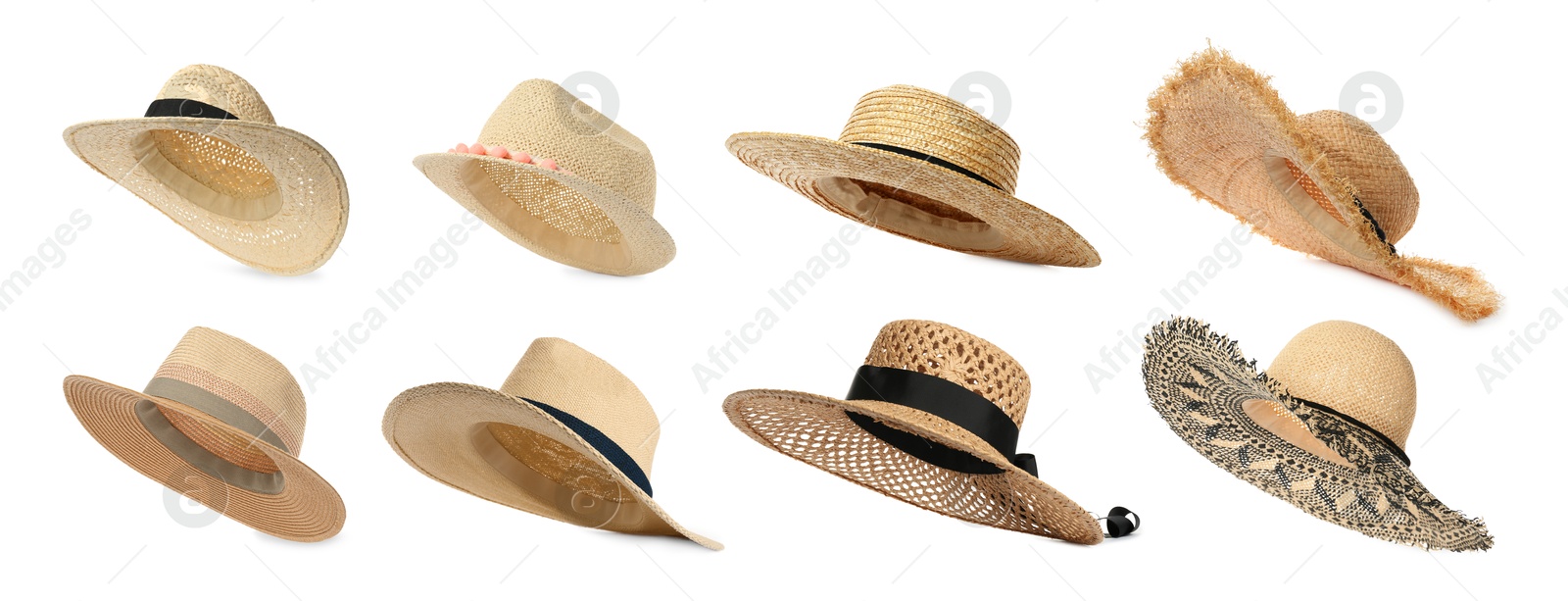 Image of Different stylish straw hats isolated on white, set. Fashionable accessory