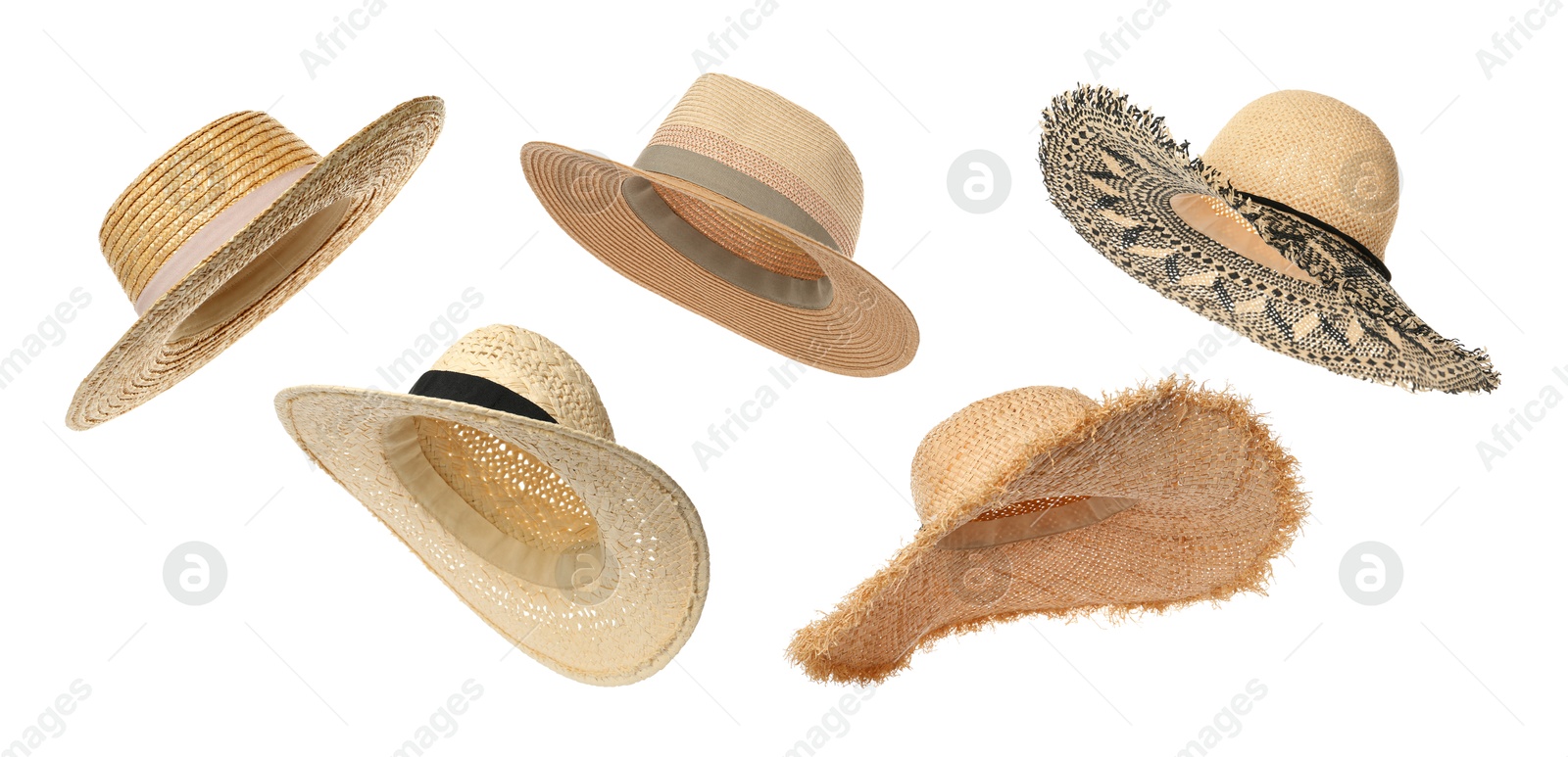 Image of Different stylish straw hats isolated on white, set. Fashionable accessory