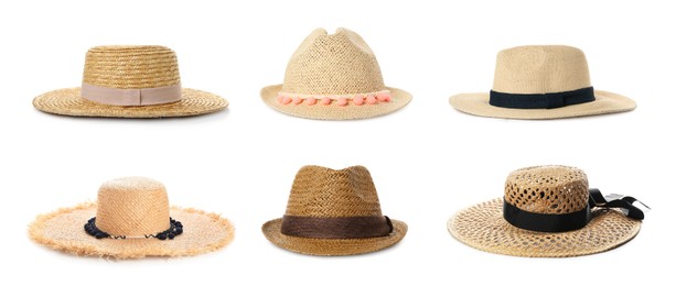 Image of Different stylish straw hats isolated on white, set. Fashionable accessory