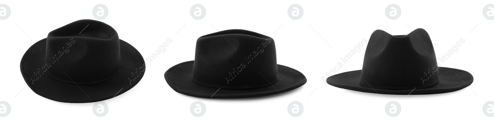 Image of Stylish black hat isolated on white, collage. Fashionable accessory