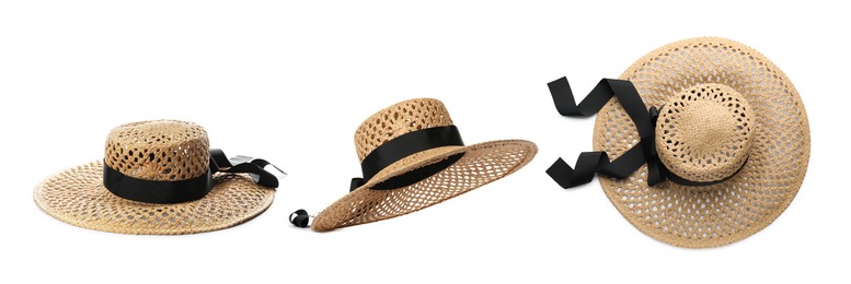 Image of Stylish straw hat isolated on white, collage. Fashionable accessory