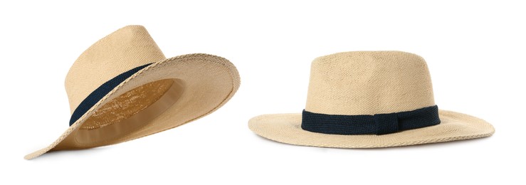 Image of Stylish straw hat isolated on white, collage. Fashionable accessory