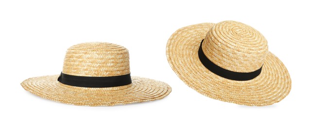 Image of Stylish straw hat isolated on white, collage. Fashionable accessory