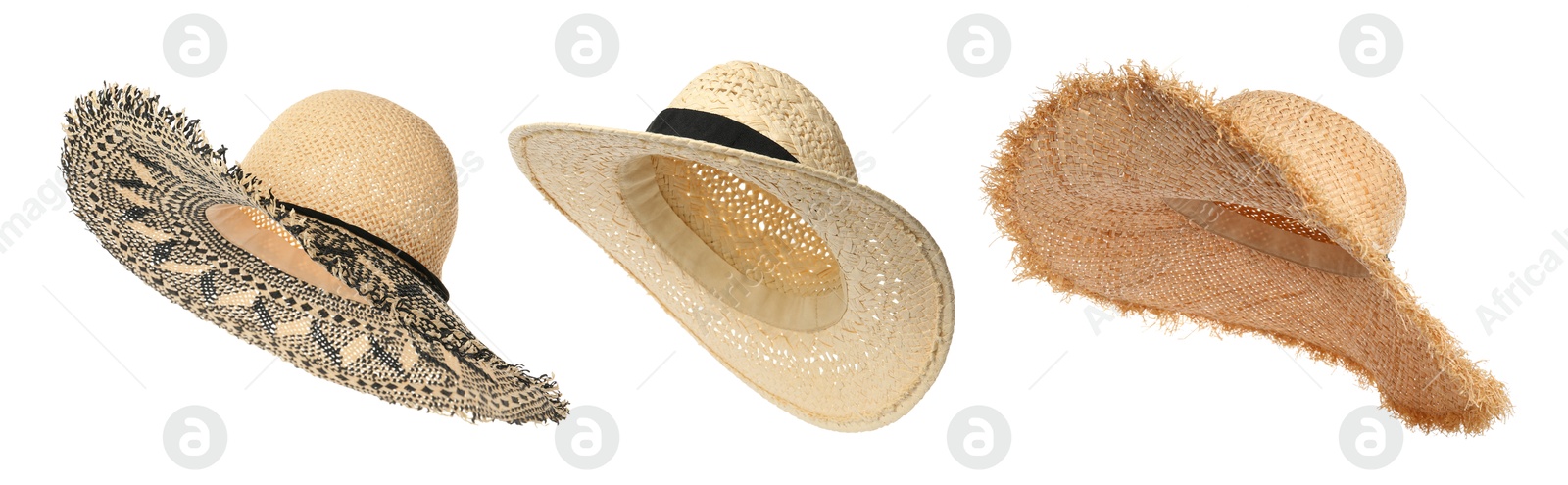 Image of Different stylish straw hats isolated on white, set. Fashionable accessory