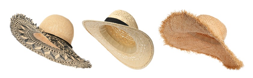 Image of Different stylish straw hats isolated on white, set. Fashionable accessory