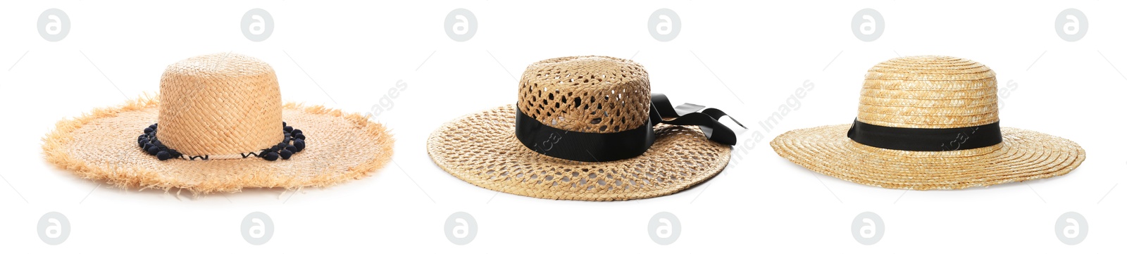 Image of Different stylish straw hats isolated on white, set. Fashionable accessory