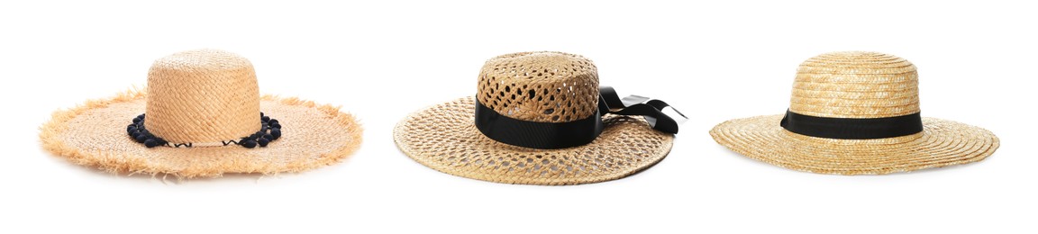 Image of Different stylish straw hats isolated on white, set. Fashionable accessory