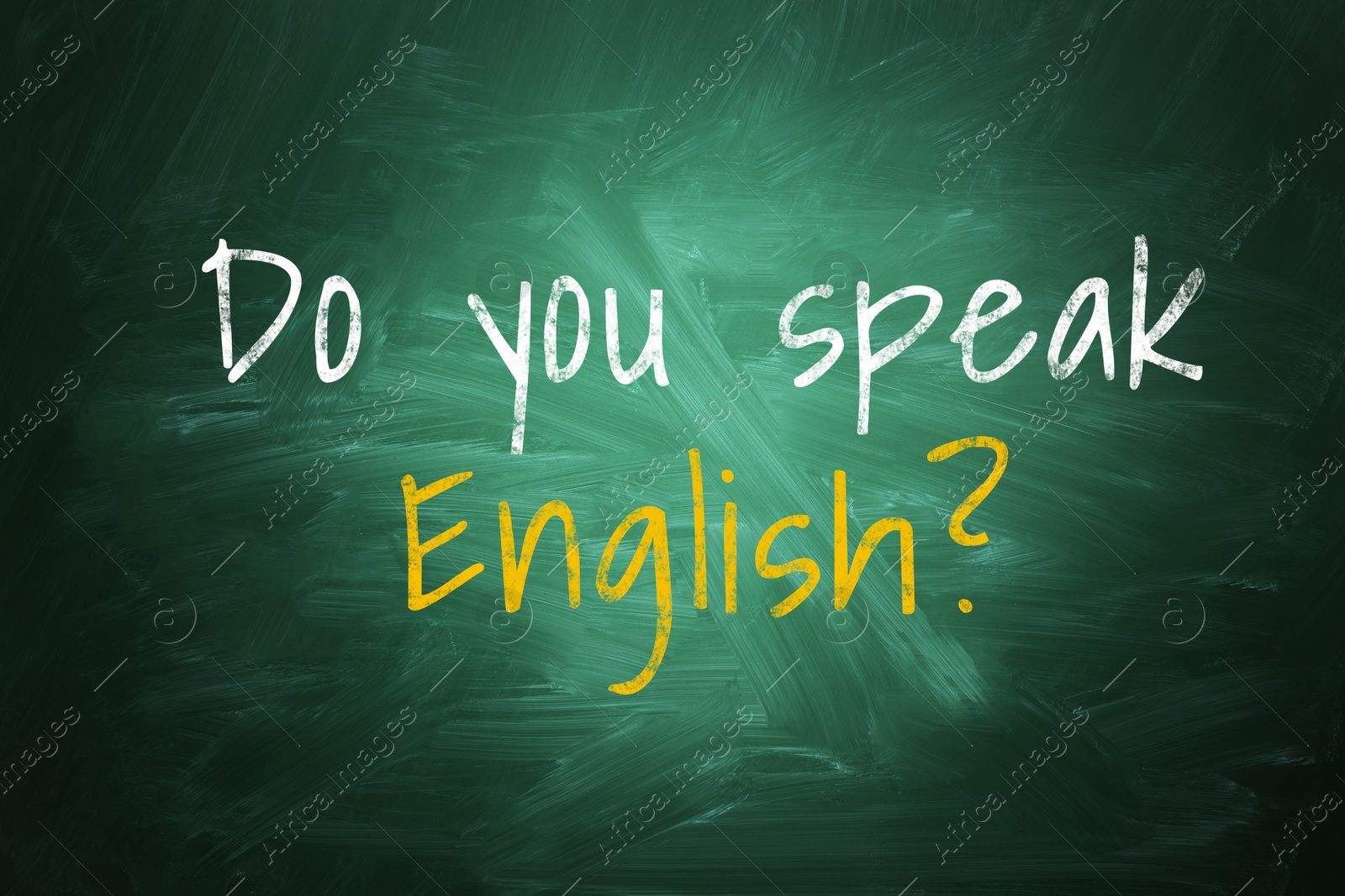 Image of Do You Speak English? text on green chalkboard. Language course