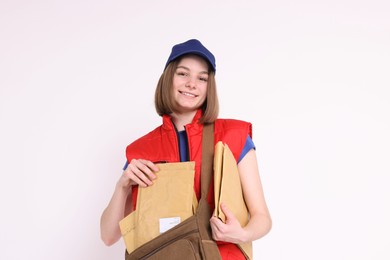 Photo of Happy postwoman with bag and envelopes on white background. Space for text