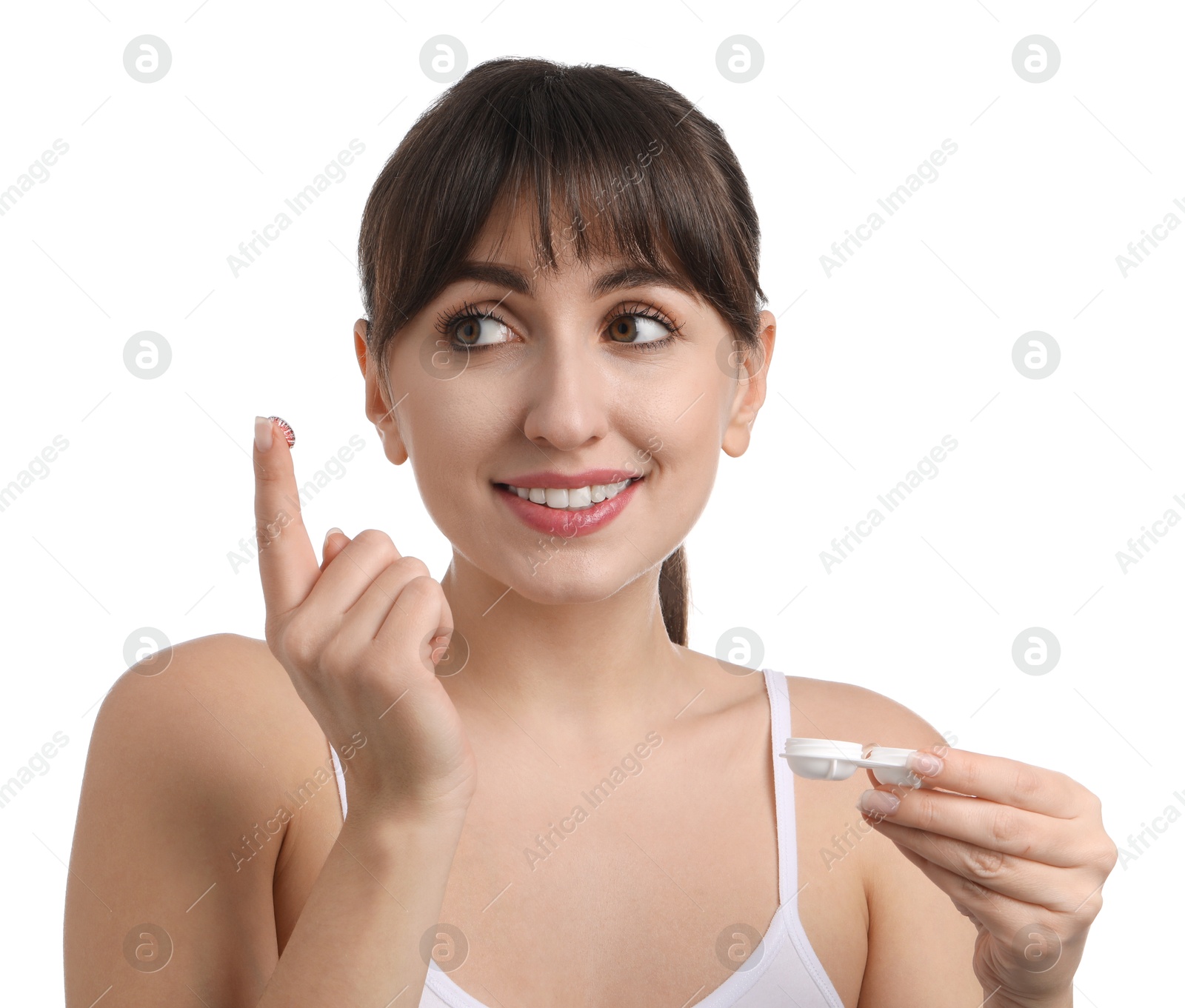 Photo of Young woman with color contact lens and case on white background