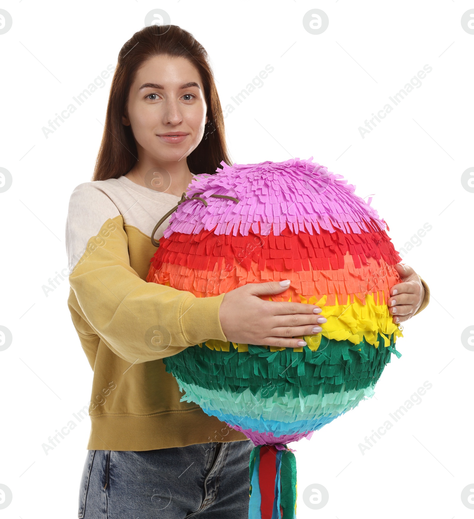 Photo of Woman with colorful pinata on white background