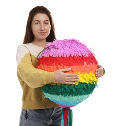 Photo of Woman with colorful pinata on white background