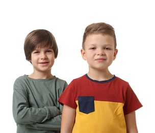 Photo of Portrait of cute brothers on white background