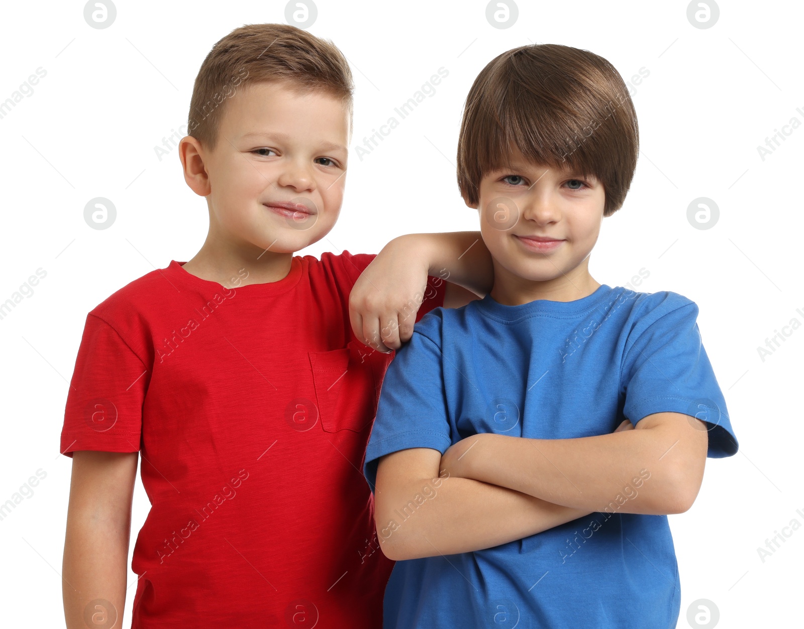 Photo of Portrait of cute brothers on white background