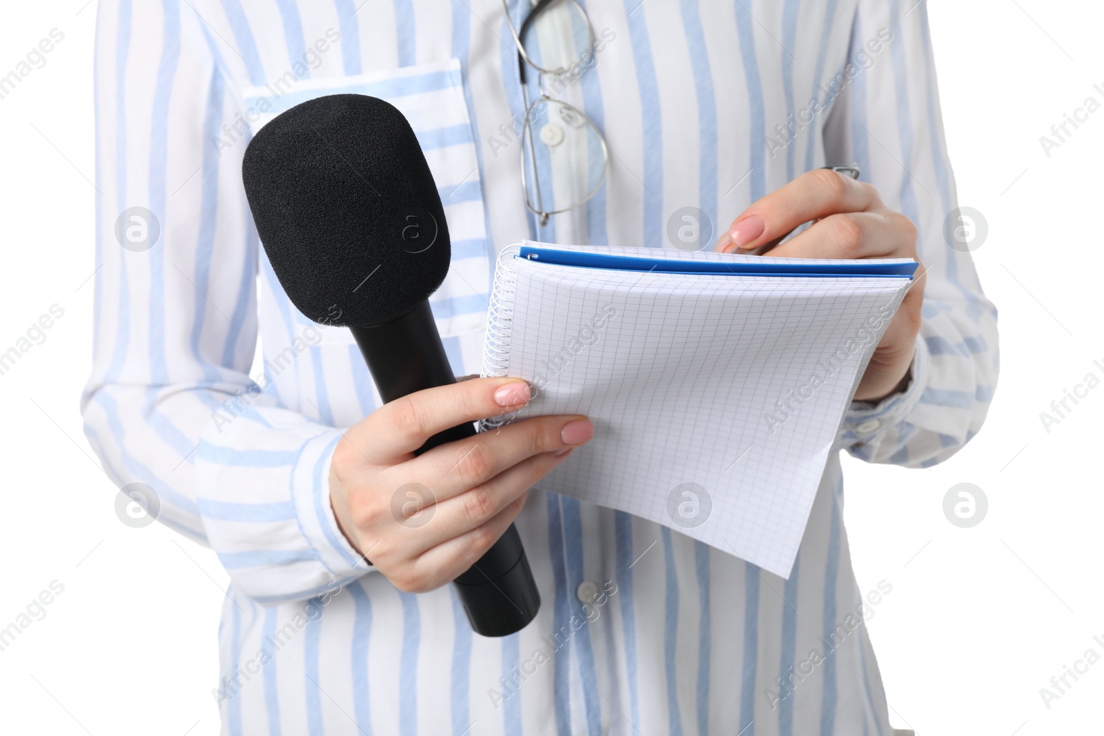 Photo of Journalist with microphone taking notes on white background, closeup