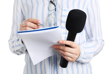 Photo of Journalist with microphone taking notes on white background, closeup