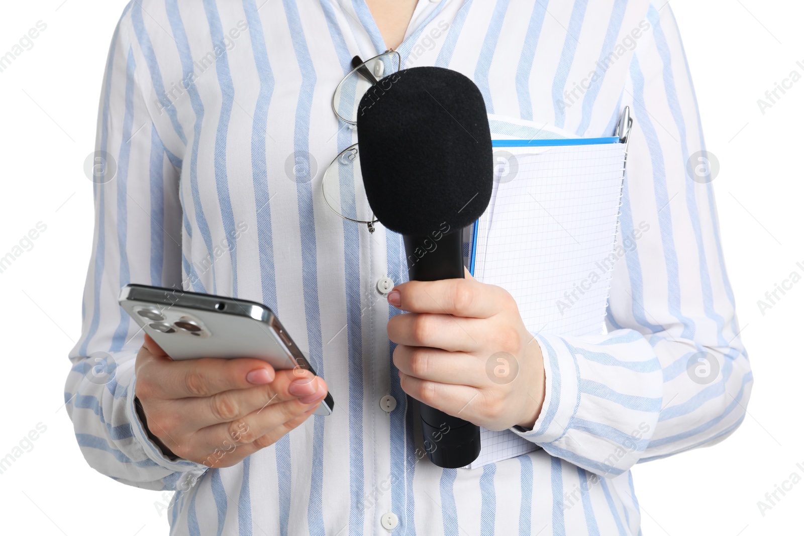 Photo of Journalist with microphone, notebook and smartphone on white background, closeup