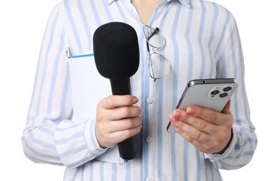 Photo of Journalist with microphone and smartphone on white background, closeup