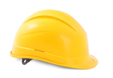 Photo of Protective hardhat isolated on white. Safety equipment