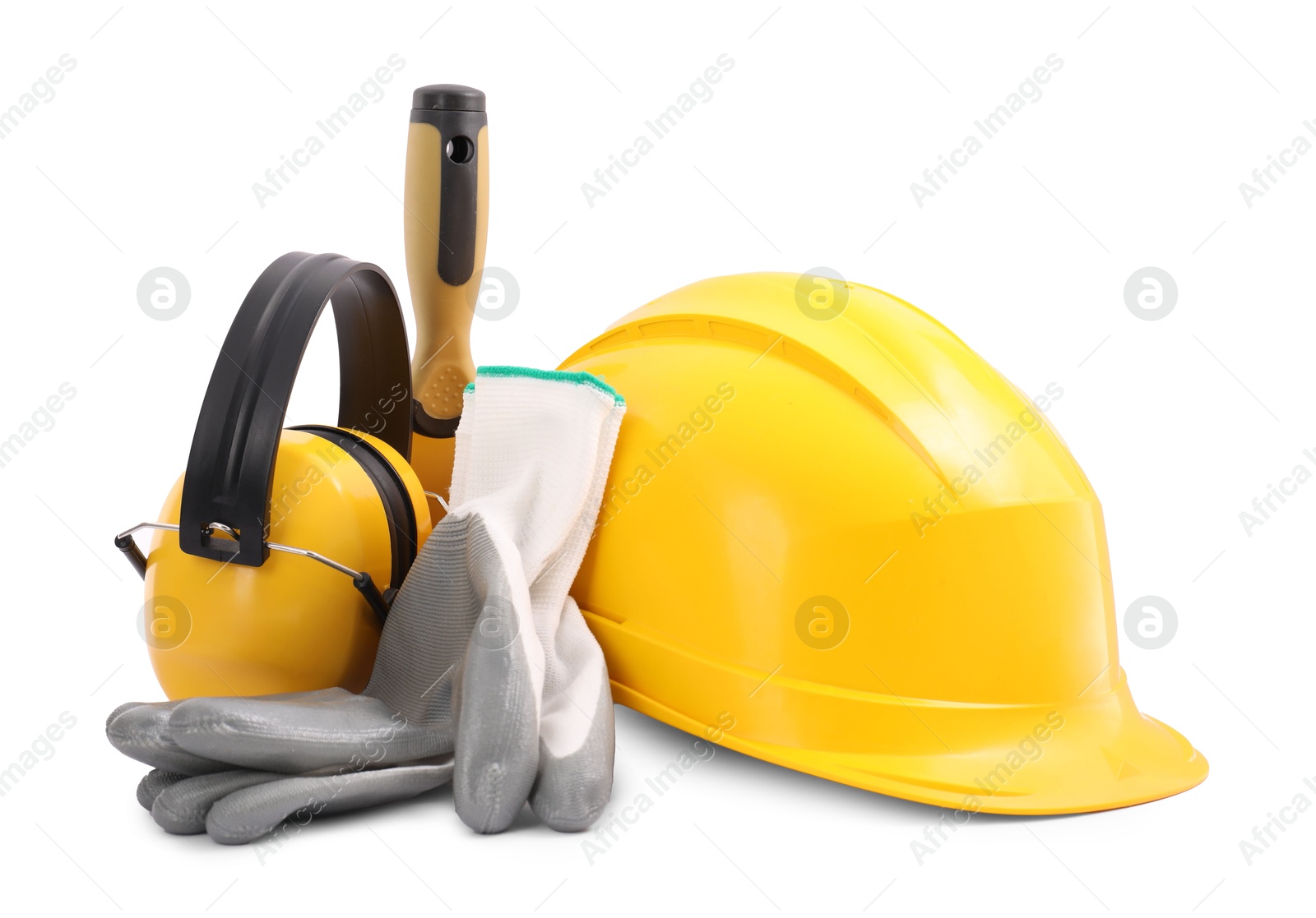 Photo of Protective equipment and construction tool isolated on white