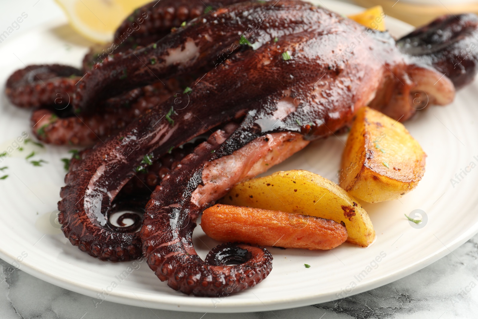 Photo of Roasted octopus with vegetables on white marble table, closeup