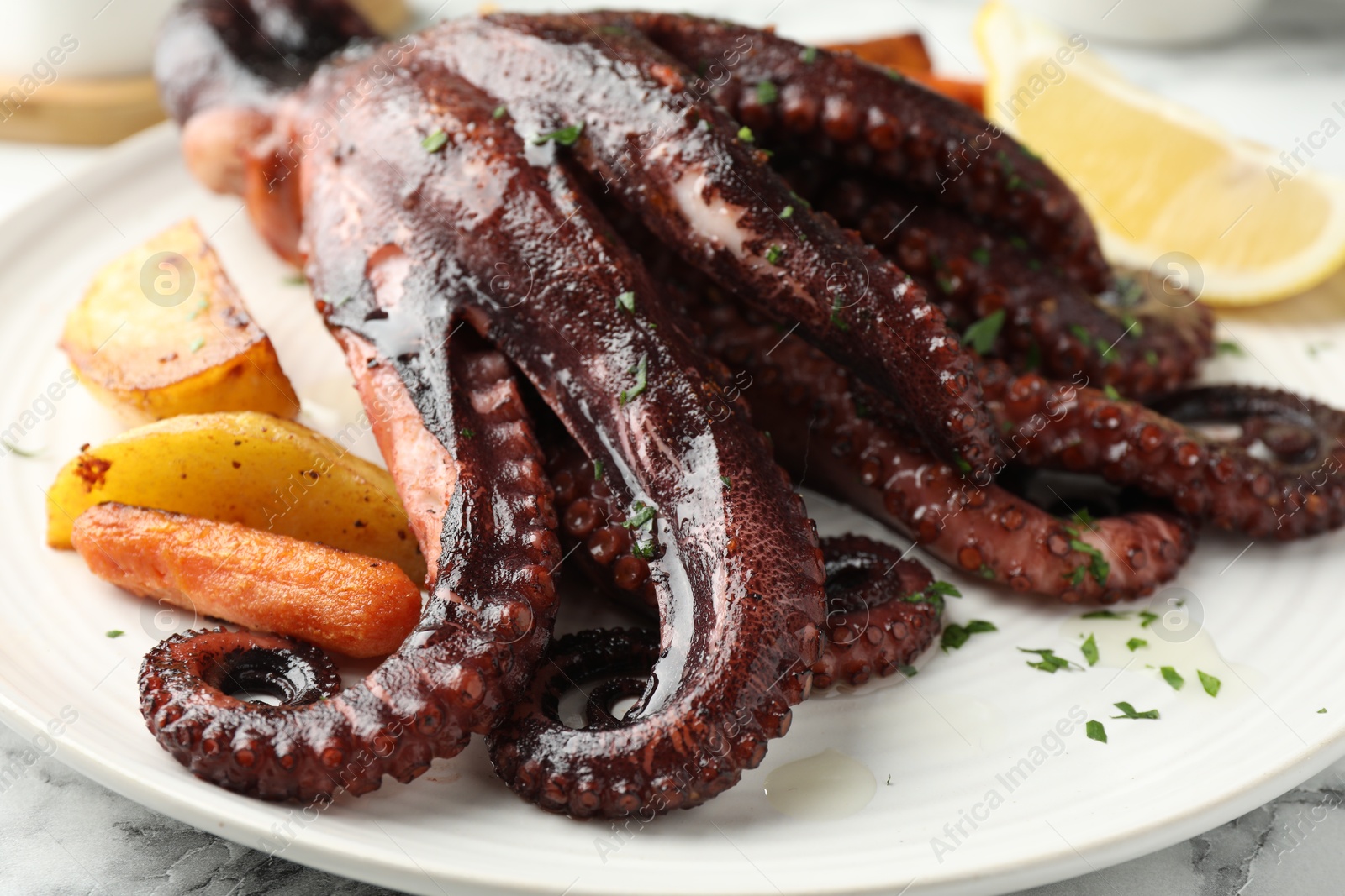 Photo of Roasted octopus with vegetables on table, closeup