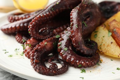 Photo of Roasted octopus with vegetables on table, closeup