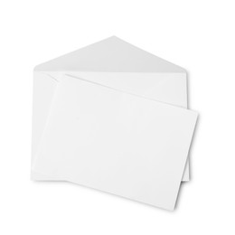 Photo of Envelope and card isolated on white, top view. Mockup for design