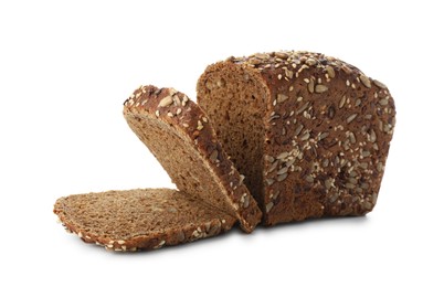 Photo of Cut rye bread with seeds isolated on white