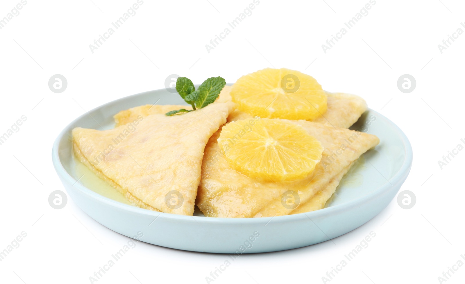 Photo of Delicious Crepes Suzette dessert isolated on white