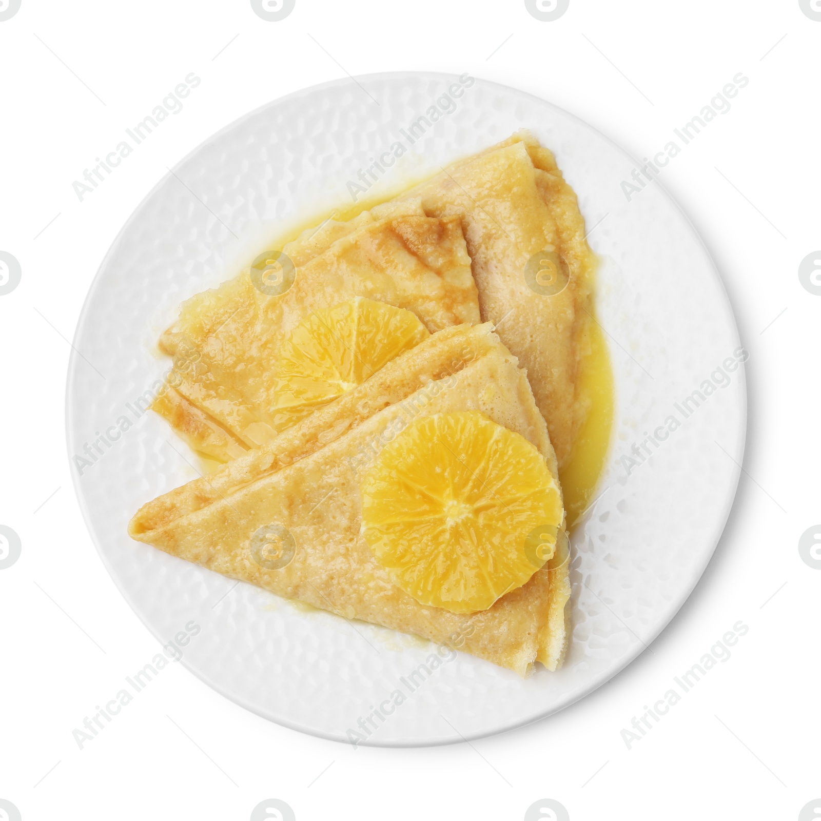 Photo of Delicious Crepes Suzette dessert isolated on white, top view