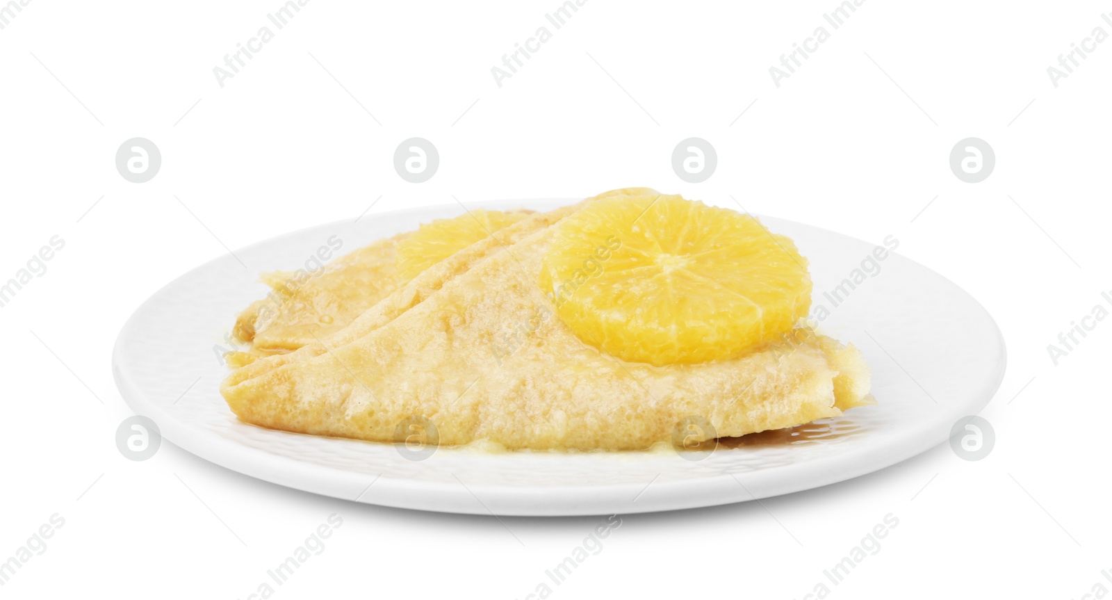 Photo of Delicious Crepes Suzette dessert on white background