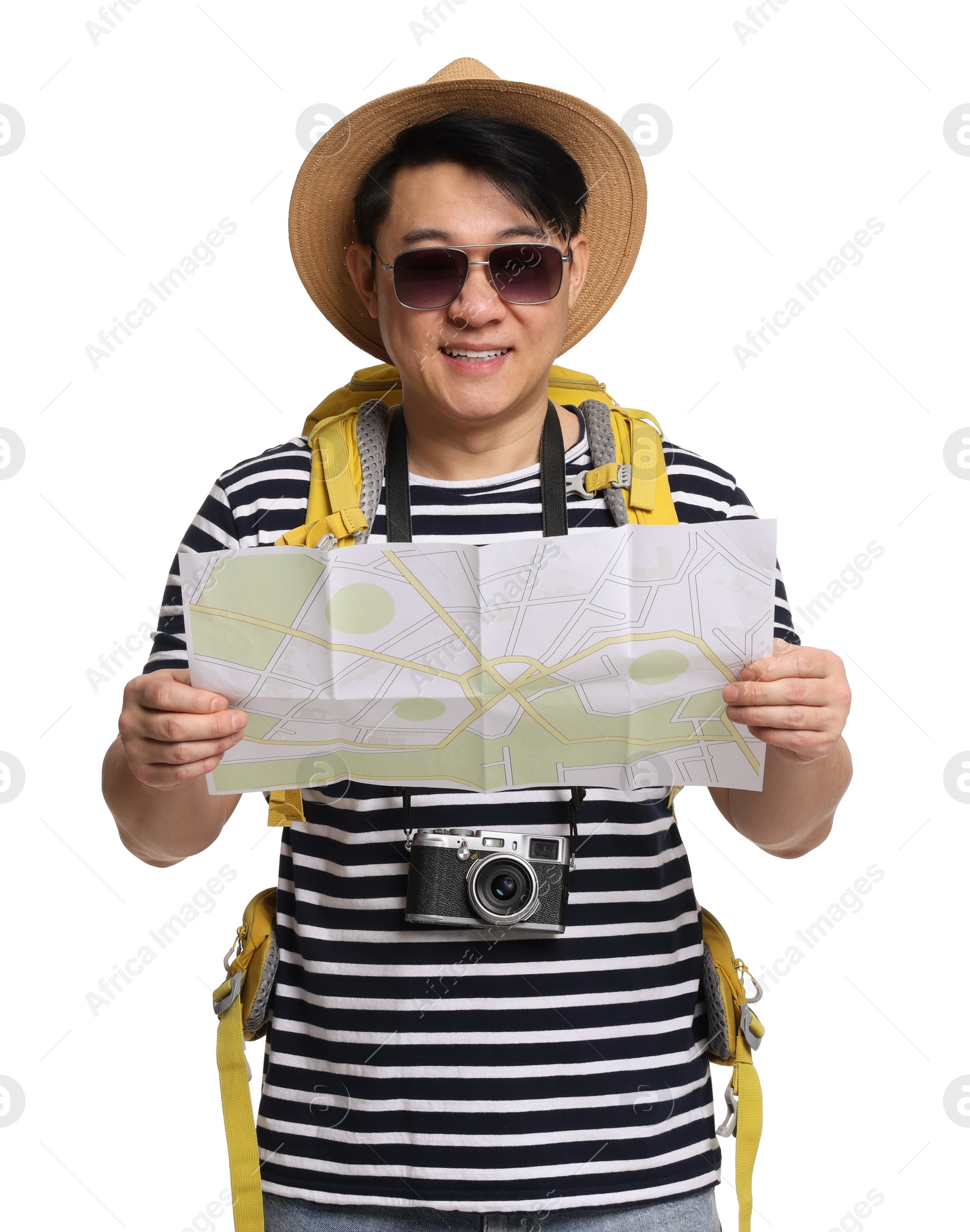 Photo of Traveller with map and backpack on white background