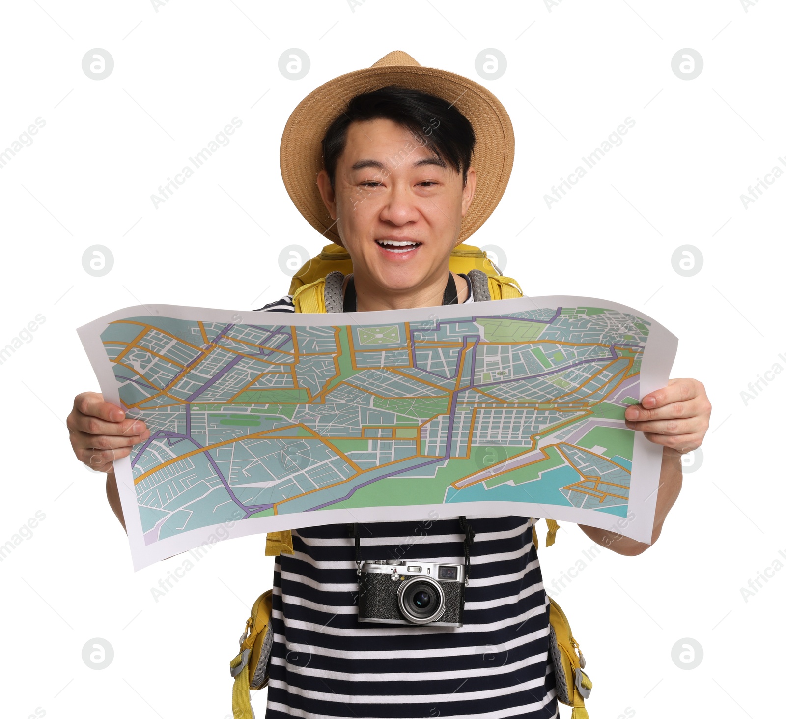 Photo of Traveller with map and backpack on white background