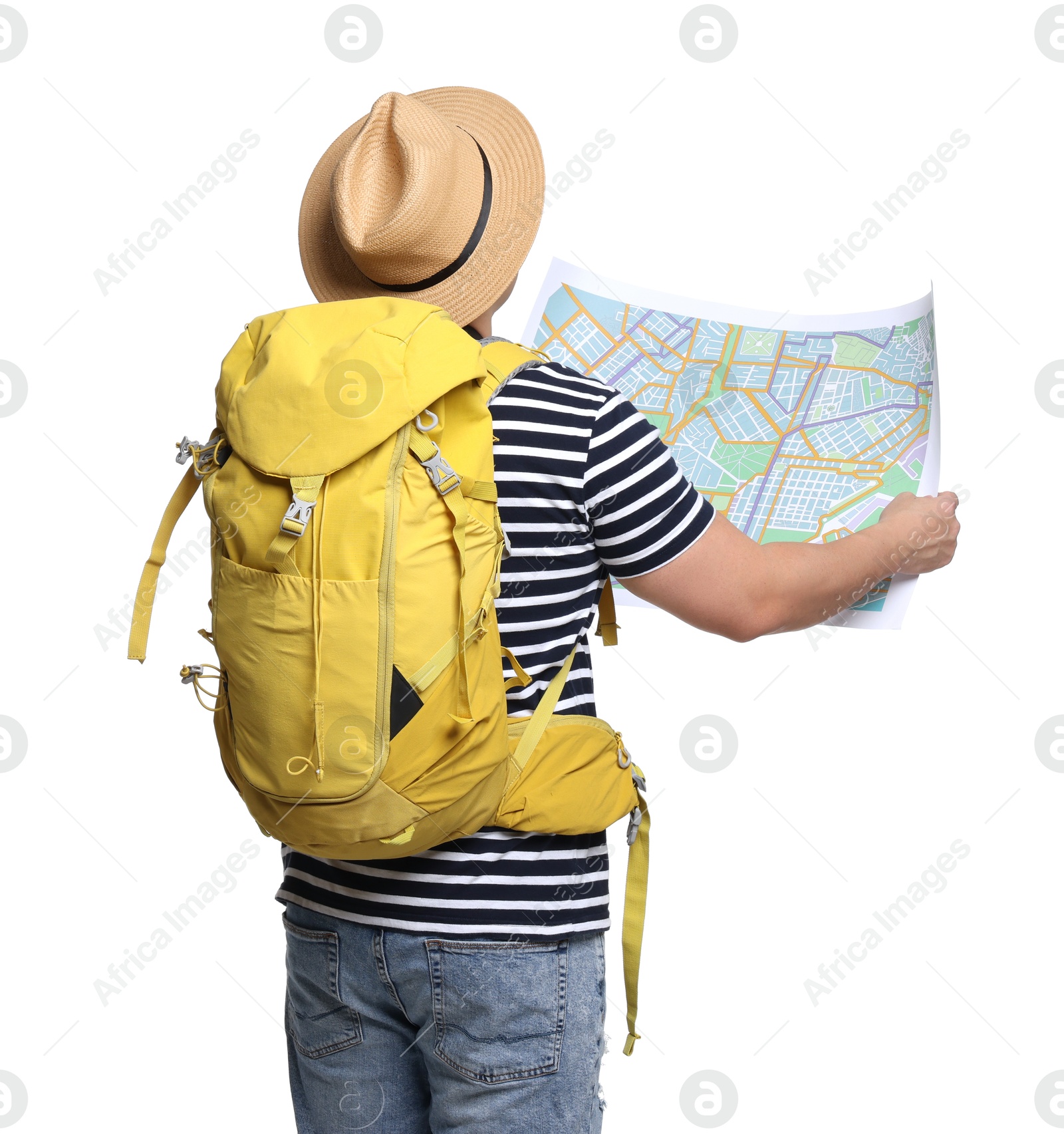 Photo of Traveller with map and backpack on white background, back view