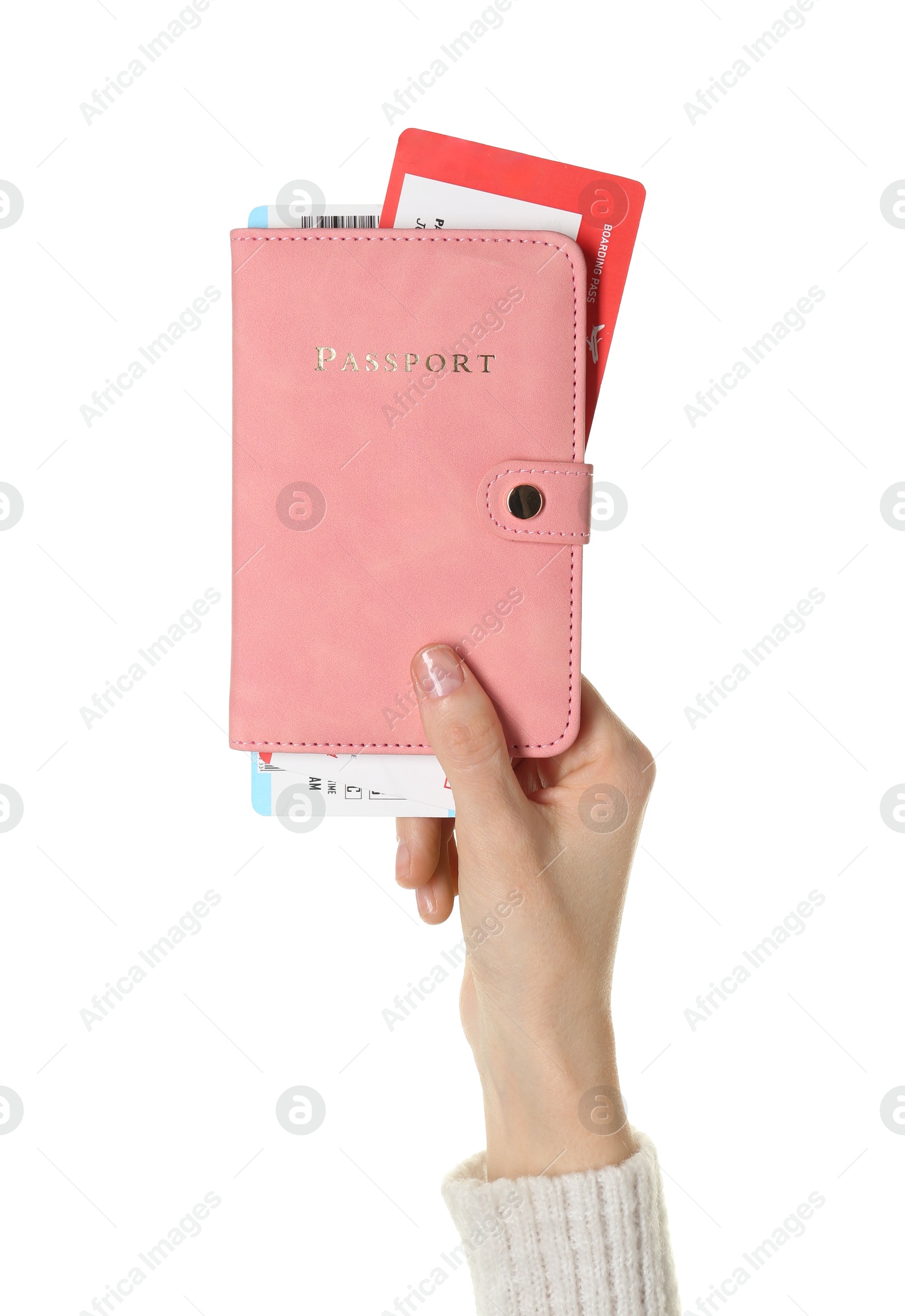 Photo of Woman holding passport with tickets on white background, closeup