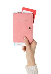 Photo of Woman holding passport with tickets on white background, closeup