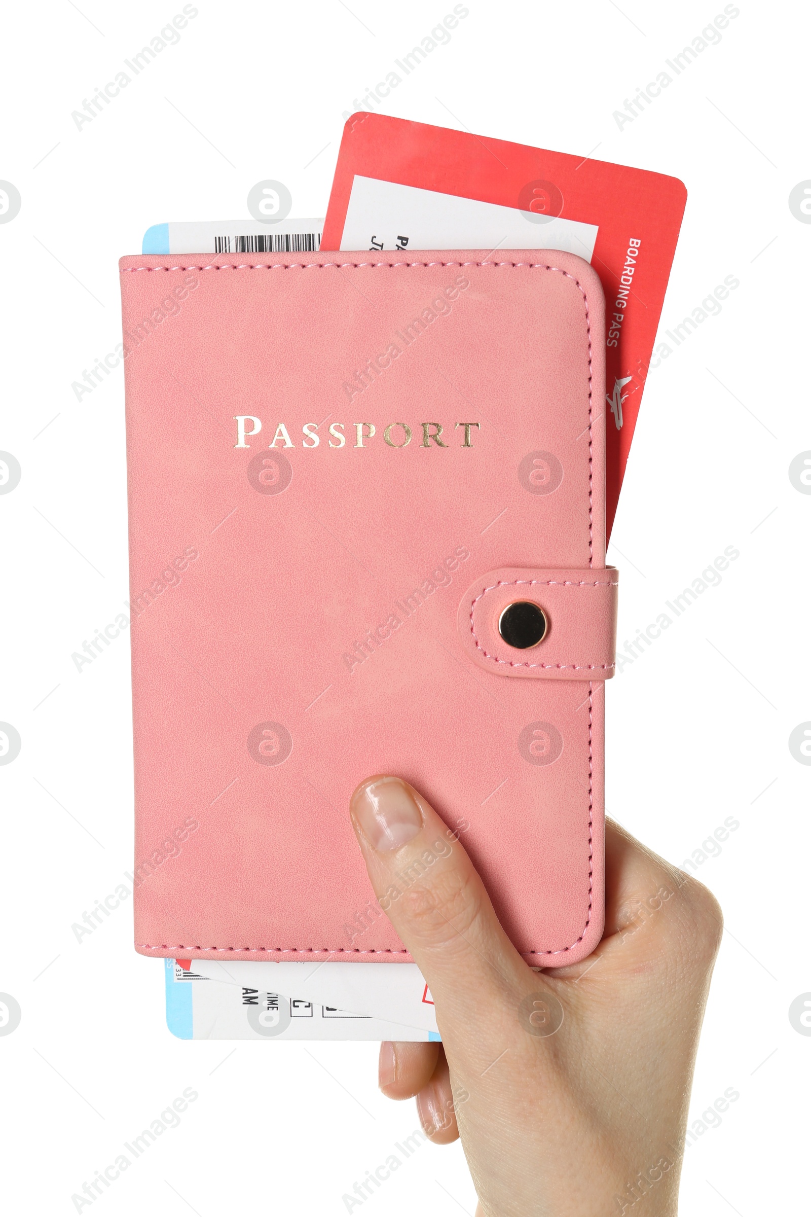 Photo of Woman holding passport with tickets on white background, closeup