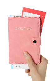 Photo of Woman holding passport with tickets on white background, closeup