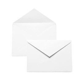 Photo of Envelopes isolated on white, top view. Mockup for design