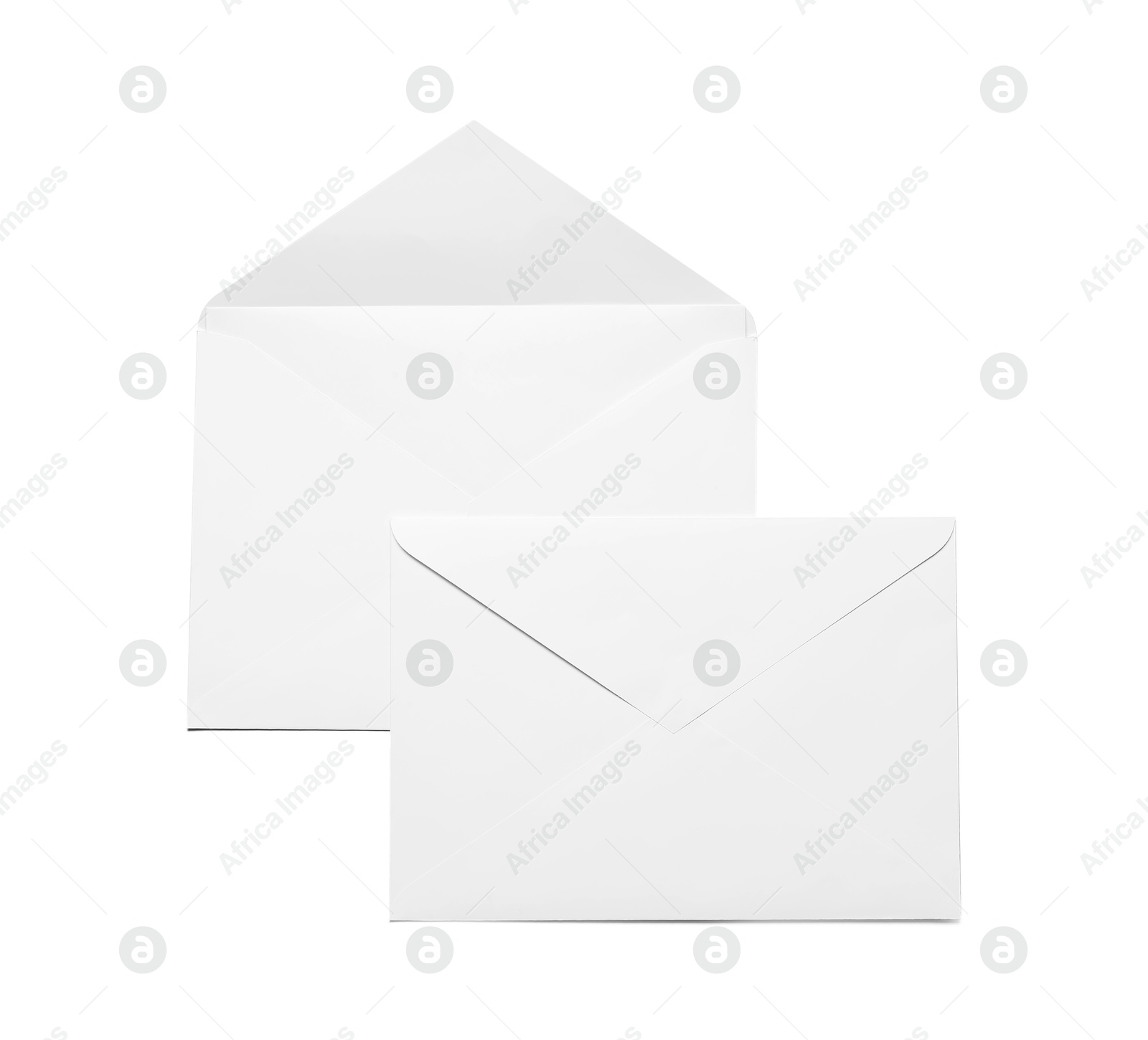 Photo of Envelopes isolated on white, top view. Mockup for design