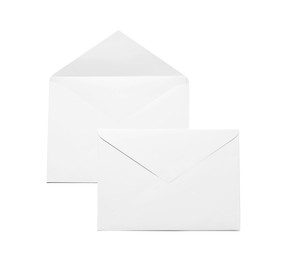 Photo of Envelopes isolated on white, top view. Mockup for design