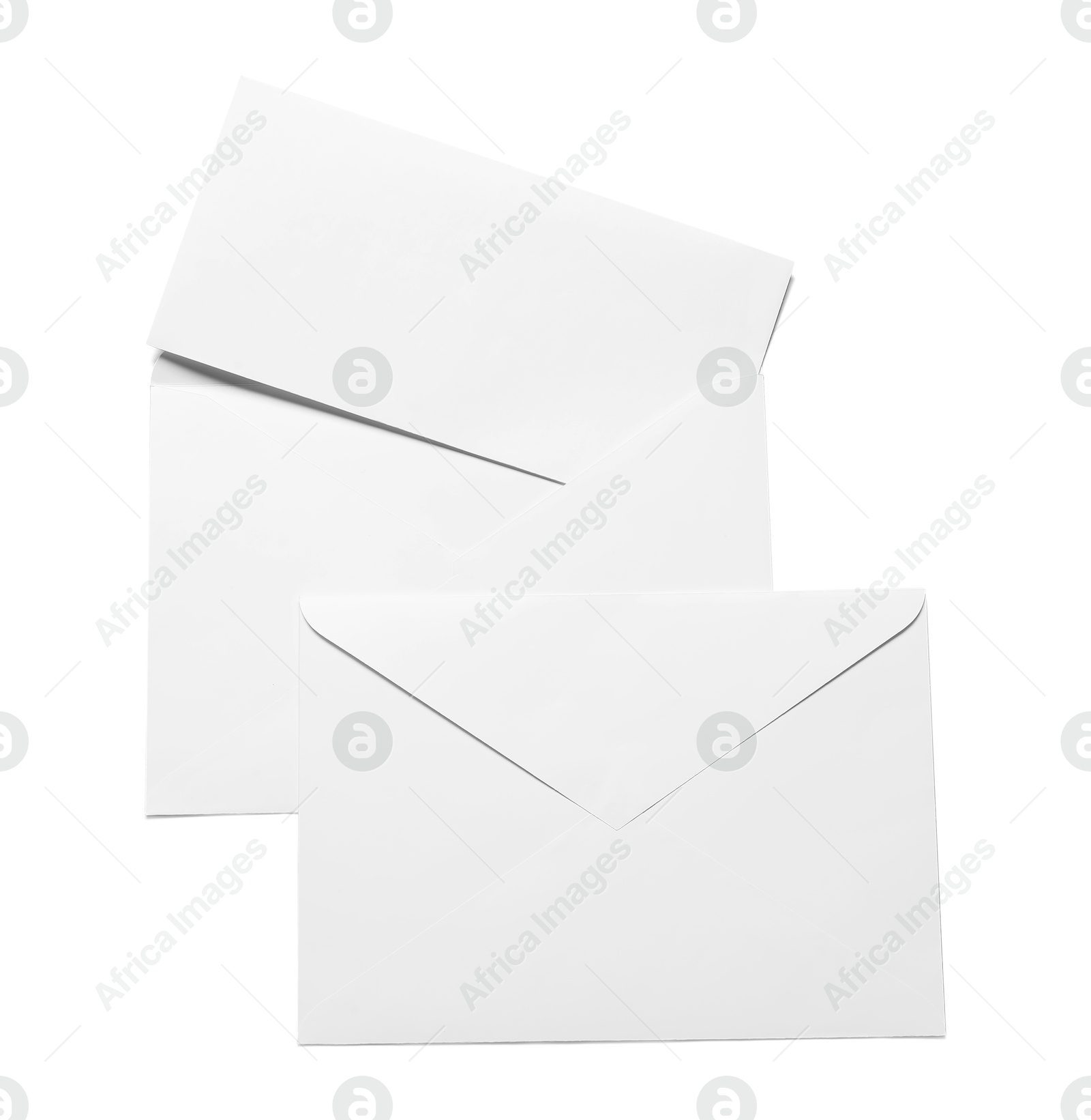 Photo of Envelopes with card isolated on white, top view. Mockup for design